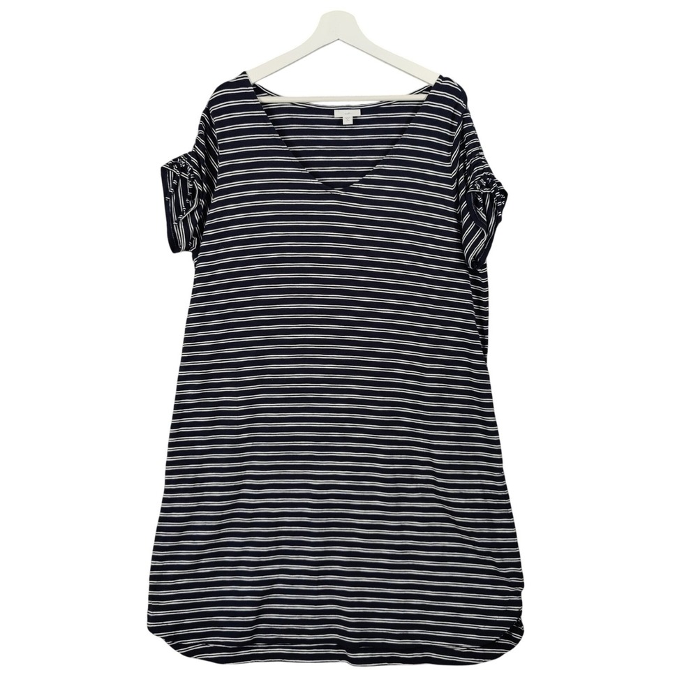 J Jill Womens Nautical Coastal Shirt Dress XL Petite Navy White Striped Pockets